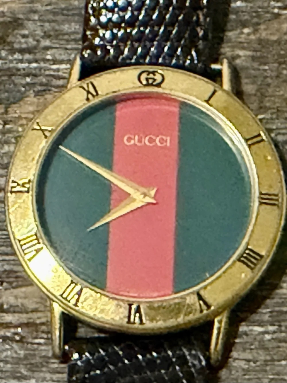 Vintage Gucci Men’s Gold Plated Watch with Green and Red Stripe Dial